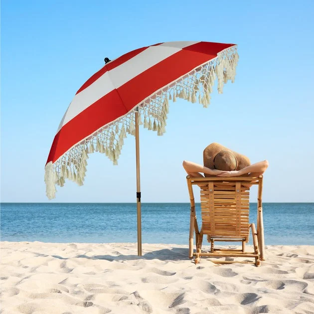 6.5' Striped Outdoor Beach Market Umbrella with Tilt - Red/White