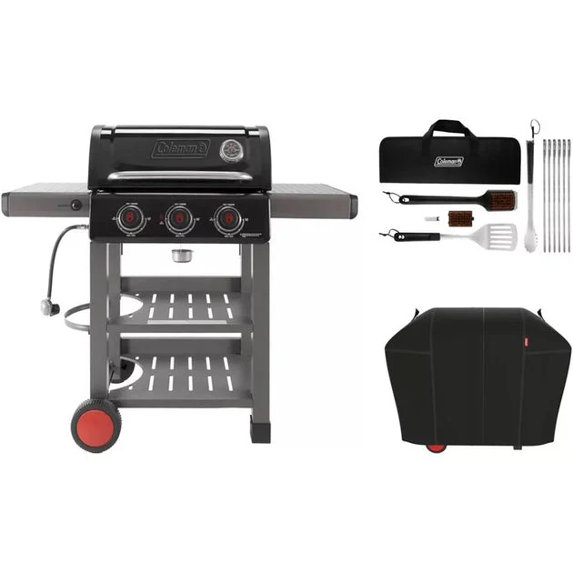Grill Cookout Propane with 2 Side and 2 Bottom Shelves Cover and 12 Piece Tool Set Gray/Black 3 Burner