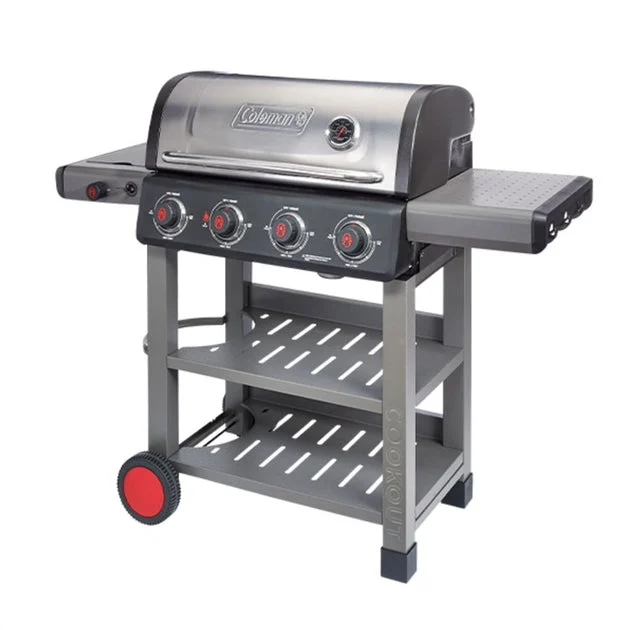 Grill Cookout Propane with Side Burner Side Shelf and 2 Bottom Shelves Stainless Steel/Gray 4 Burner