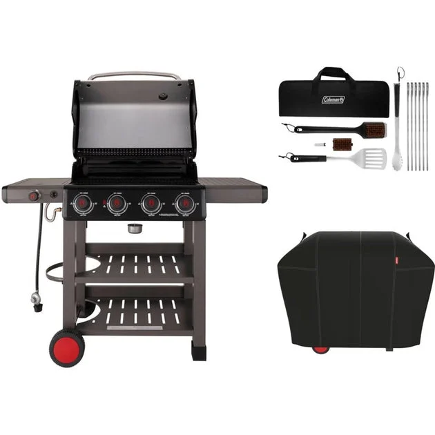 Grill Cookout Propane with Side Burner Side Shelf and 2 Bottom Shelves Cover and 12 Piece Tool Set Stainless Steel/Gray 4 Burner