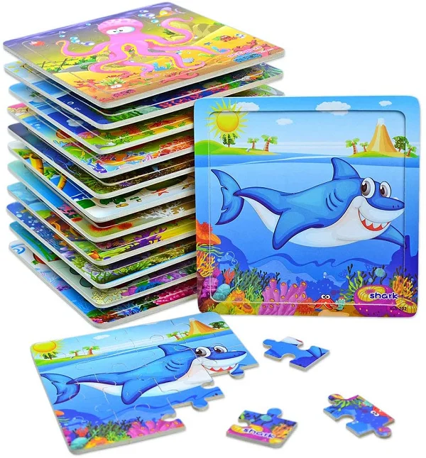 12Pack Easy Wooden Jigsaw Puzzles for Kids Age 4-8 Years Old, Sea Animals Small