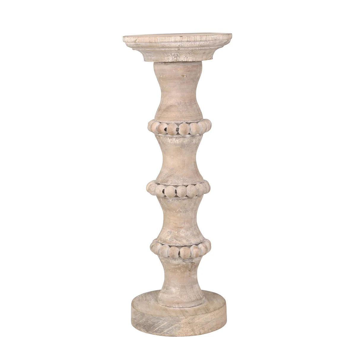 Sagebrook Home Wooden 15" Banded Bead Candleholder, Distressed Iv