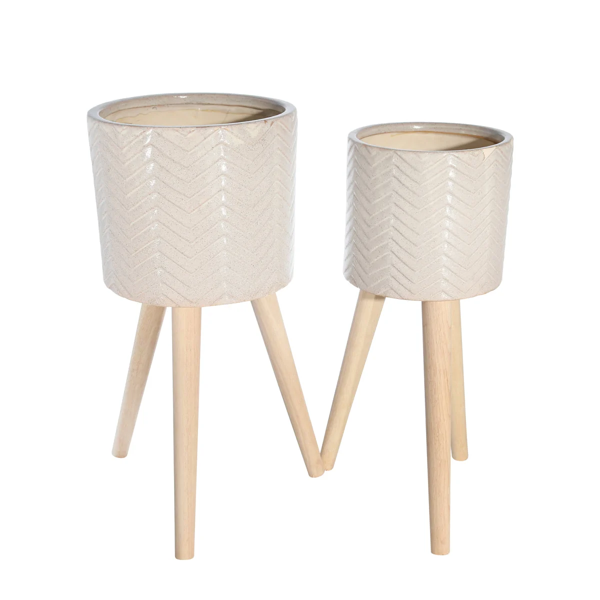 Sagebrook Home 14533-02 8"/10" Ceramic, Chevron Planter 3 Legs, Beige, Set of 2