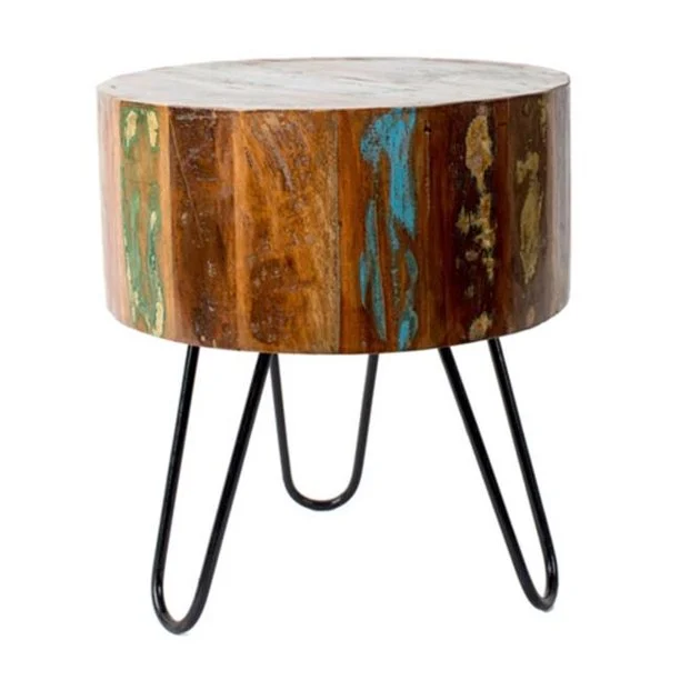 Benzara Wooden Stool with Round Seat and Metal Hairpin Legs, Multicolor