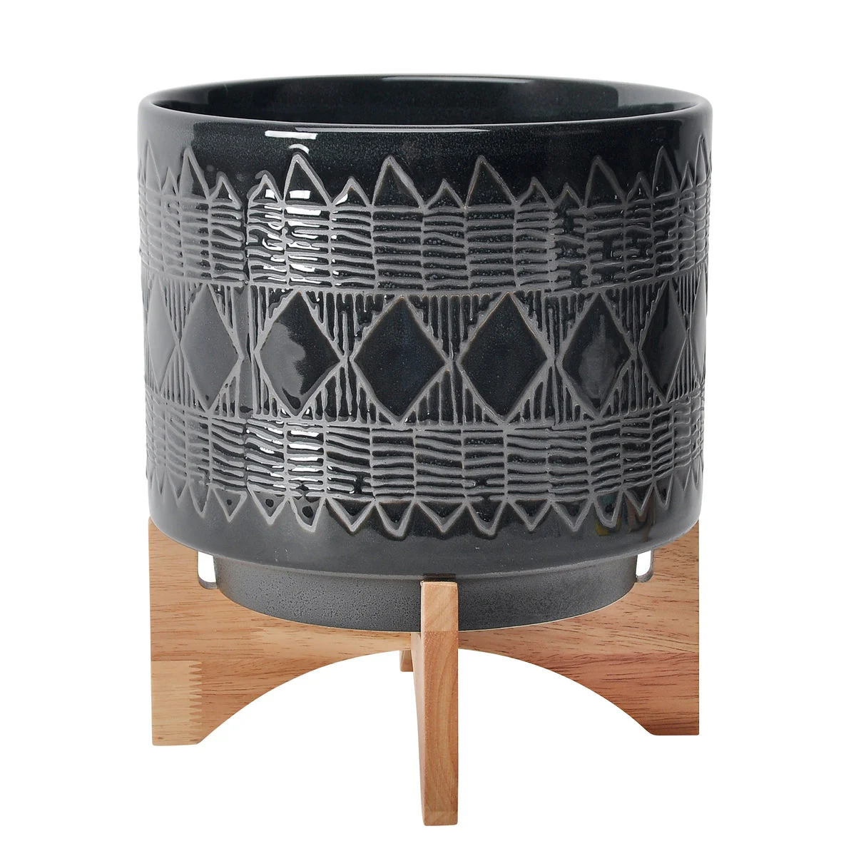 Sagebrook Home Ceramic 11`` Aztec Planter On Wooden Stand, Black
