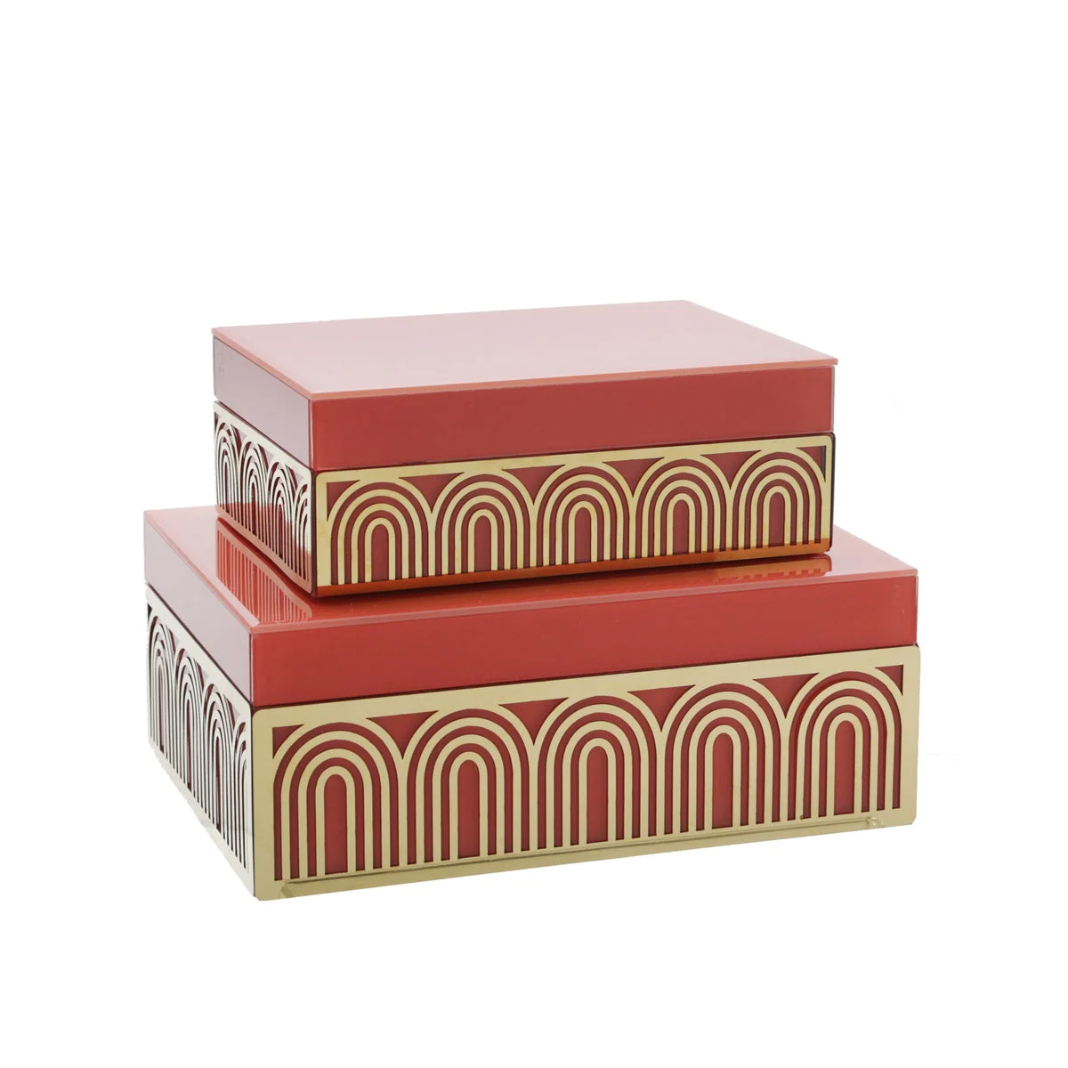 Sagebrook Home 15378-01 8"/9" Wood Box with Arch Design, Coral/Gold, Set of 2