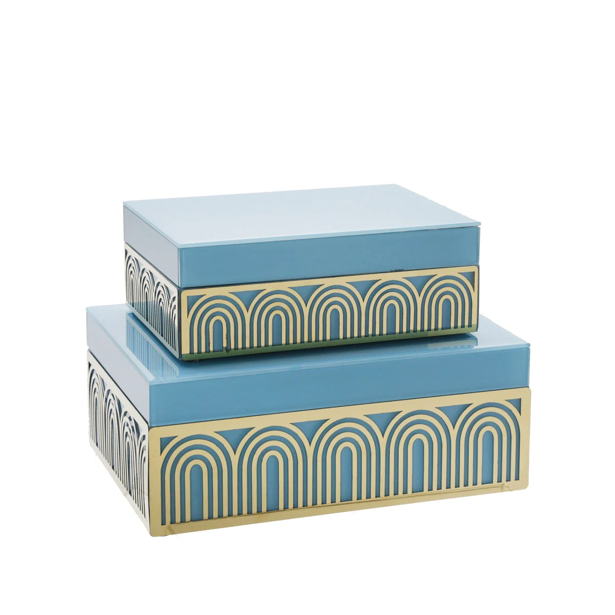 Sagebrook Home 15378-02 8"/9" Wood Box with Arch Design, Blue/Gold, Set of 2
