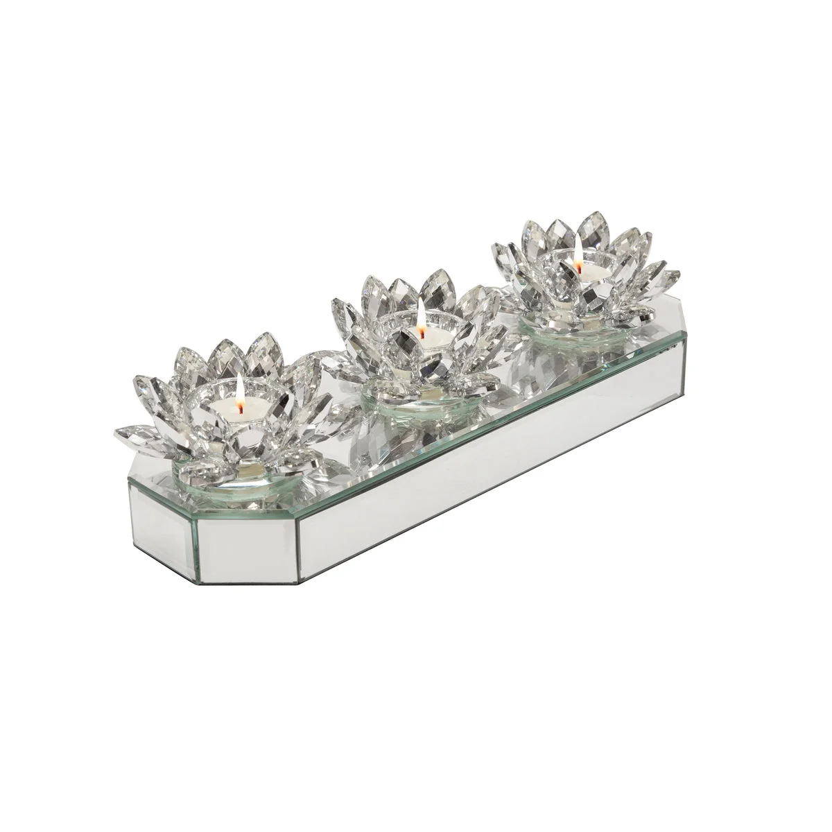 Sagebrook Home Glass 13" 3 Lotus Mirrored Candle Holder, Silver