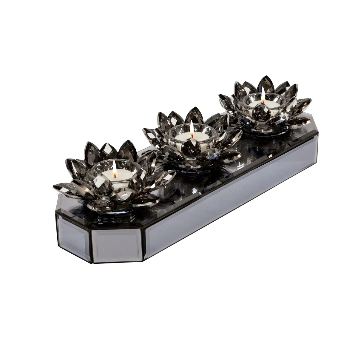 Sagebrook Home 15379-02 13" Glass 3 Lotus Mirrored Candle Holder, Black