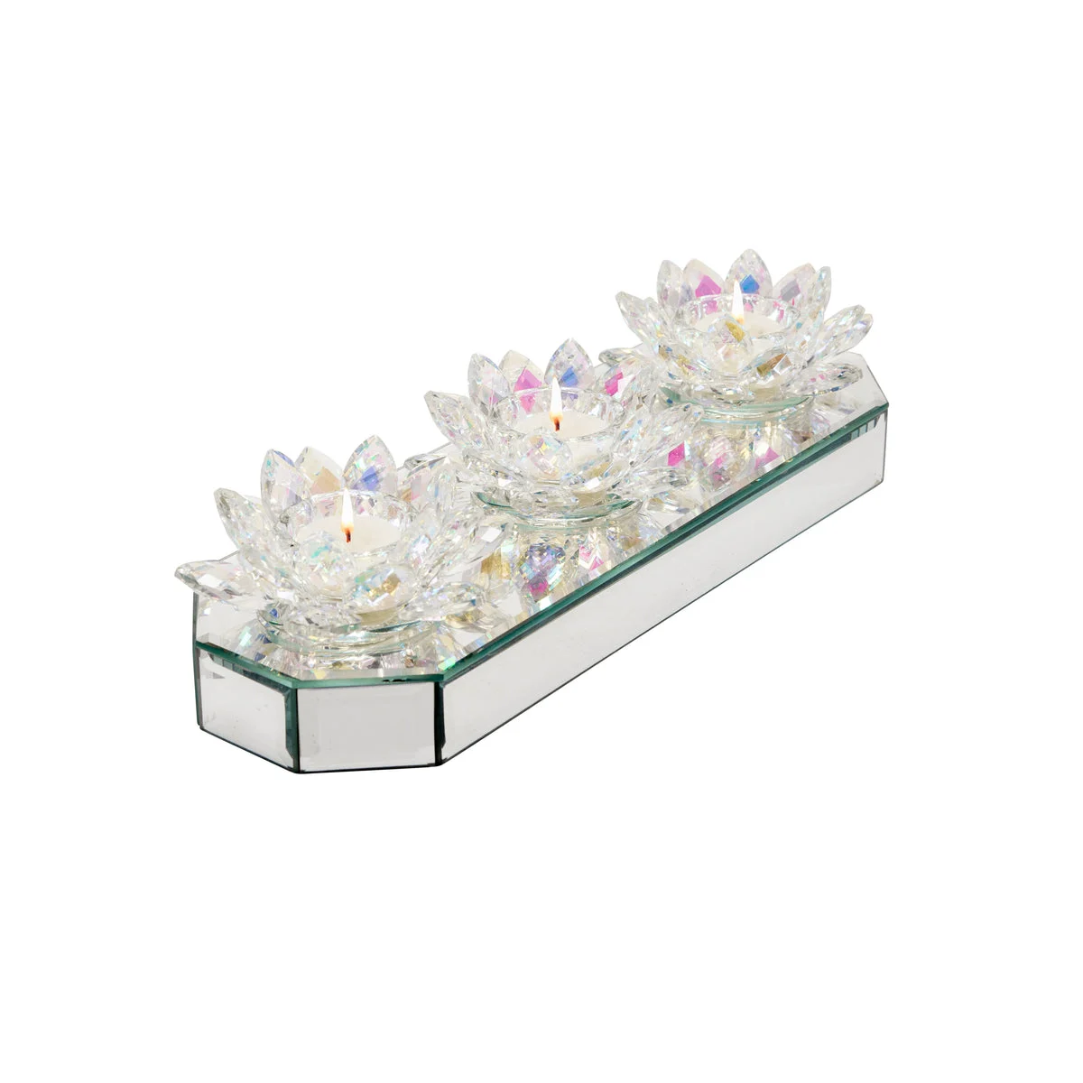 Sagebrook Home Glass 13" 3 Lotus Mirrored Candle Holder, Rainbow