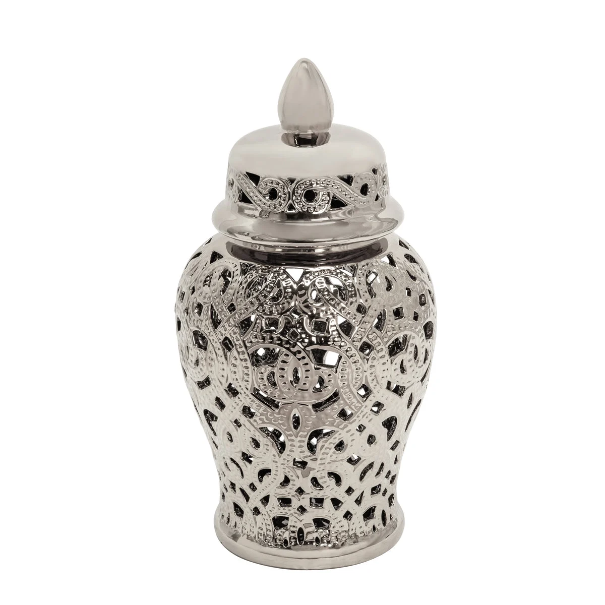 Sagebrook Home 15405-02 18" Ceramic Cut-Out Temple Jar, Shiny Silver