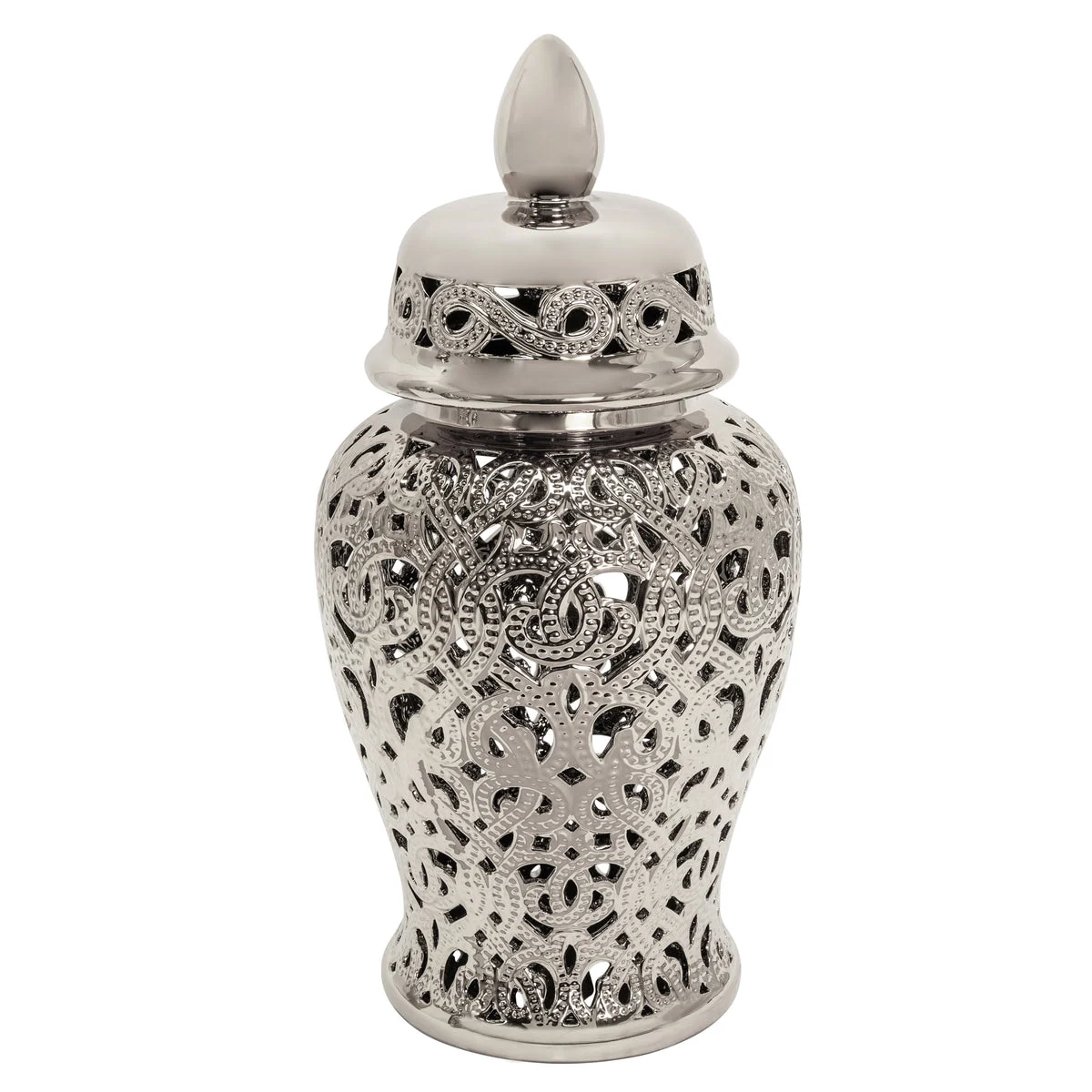 Sagebrook Home 15405-05 24" Ceramic Cut-Out Temple Jar, Shiny Silver