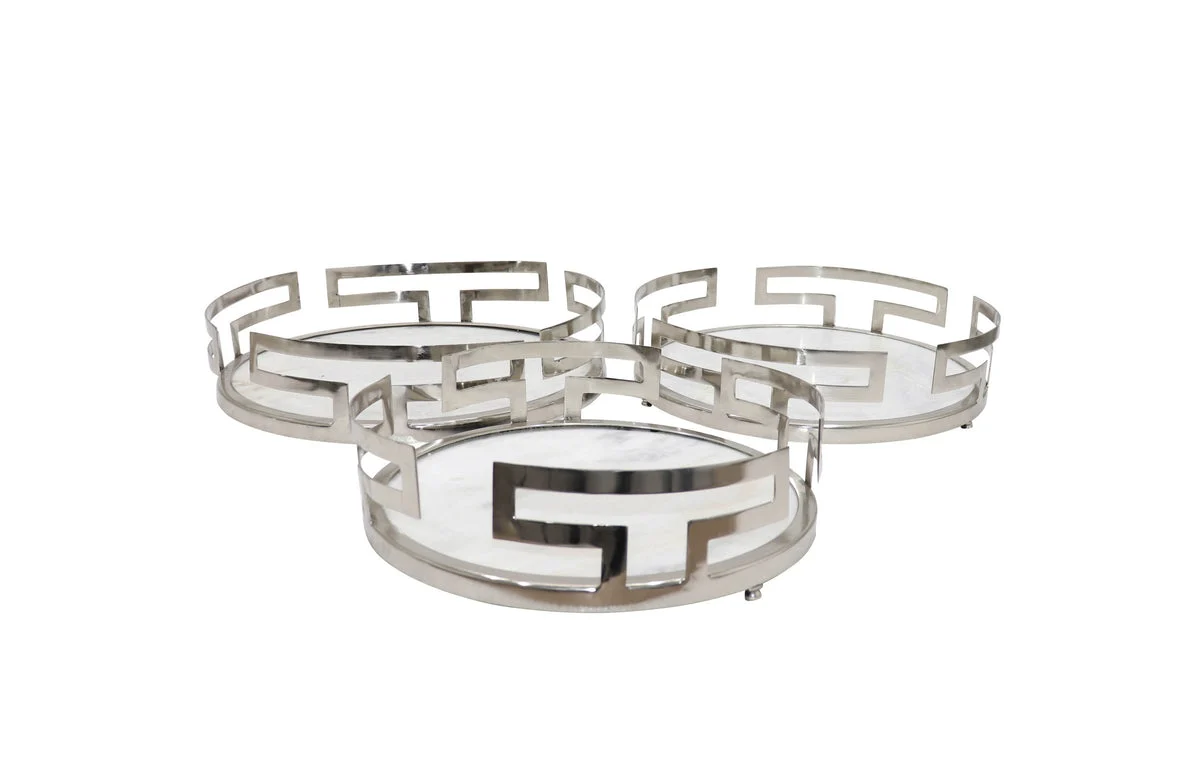 Sagebrook Home Set of 3 Metal/Marble Tray, Silver
