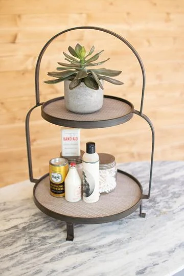 Kalalou CHW1176 Round Metal and Wood Two Tiered Display