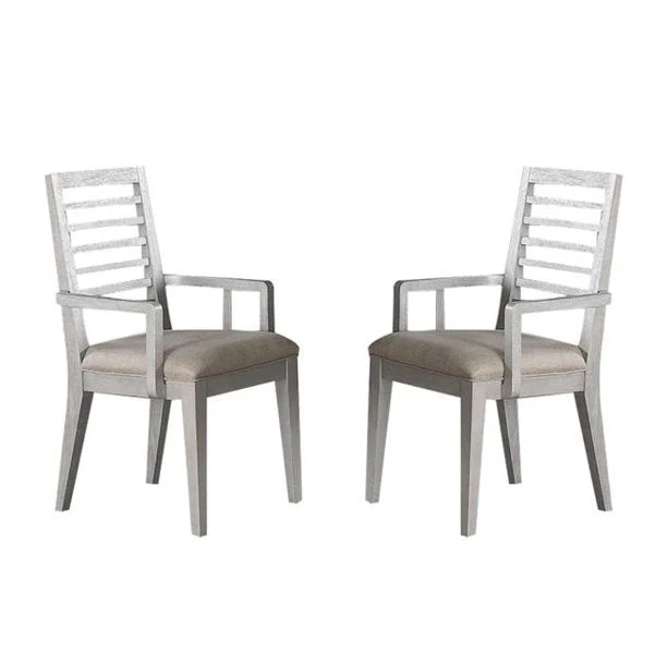 Benzara Ladder Back Arm Chair with Fabric Padded Seat, Set of 2, Gray and Beige