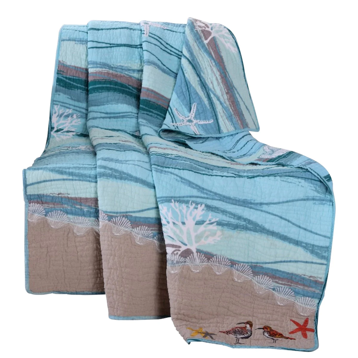 Benzara Maritsa 60 x 50 Inches Cotton Throw with Seashell and Coral Print, Blue and Beige