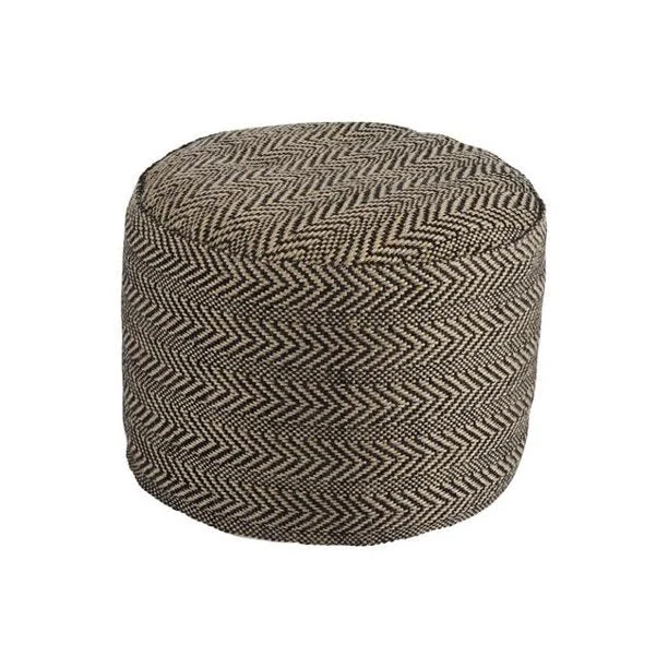 Benzara Round Shaped Pouf with Jute Cover and Chevron Pattern, Black and Brown