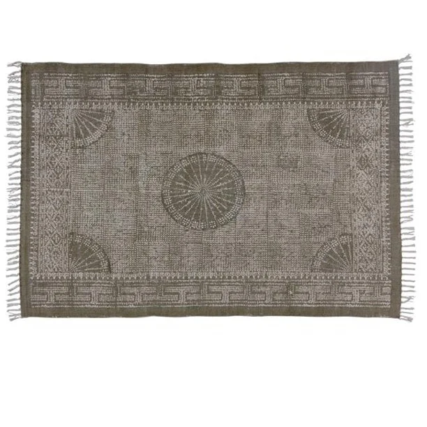 Benzara 4 X 6 Feet Rectangular Fabric Rug with Fringes and Block Prints, Dark Gray