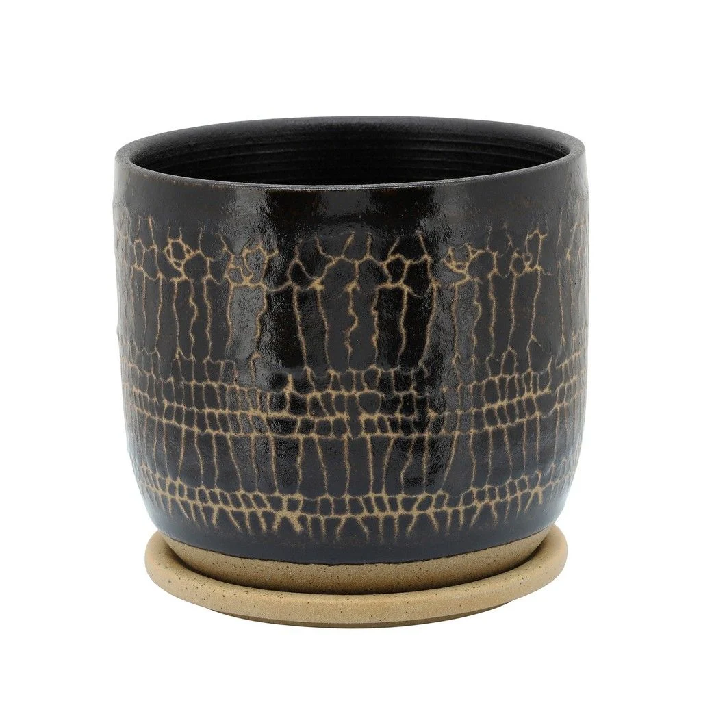 Sagebrook Home 16106-03 8" Glazed Planter with Saucer, Black