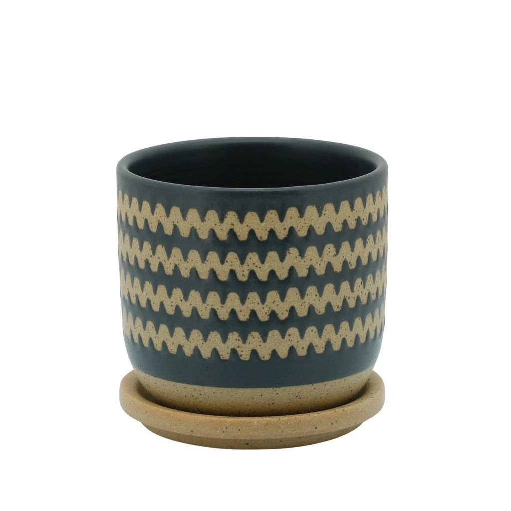 Sagebrook Home 5" Zig-Zag Planter W/ Saucer, Teal