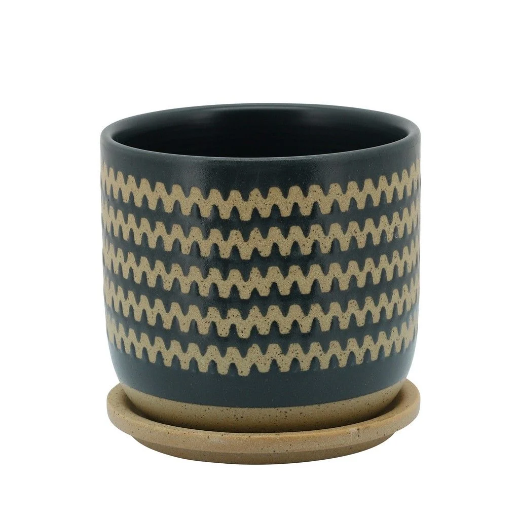 Sagebrook Home 6" Zig-Zag Planter W/ Saucer, Teal