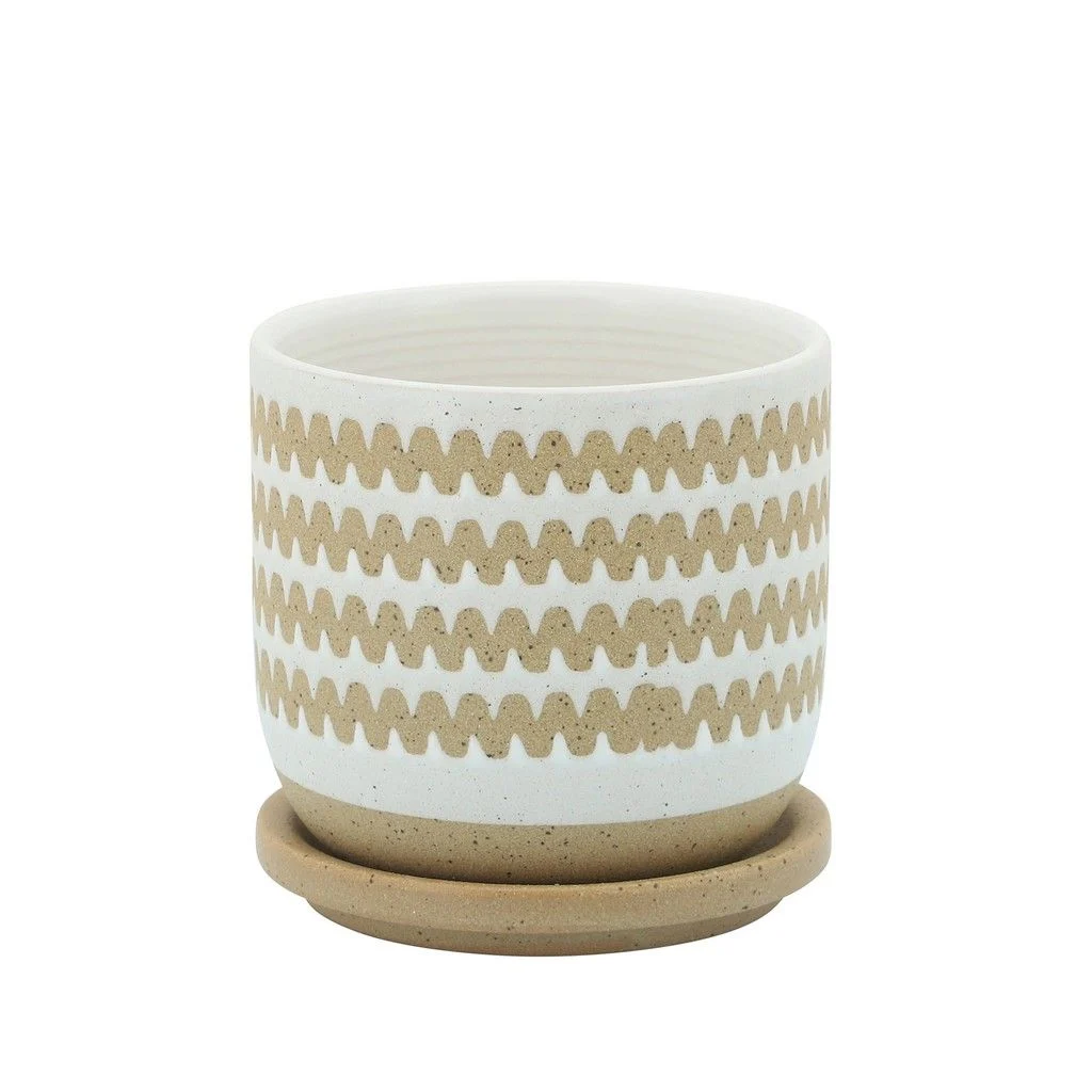 Sagebrook Home 16108-01 5" Zig-Zag Planter with Saucer, White