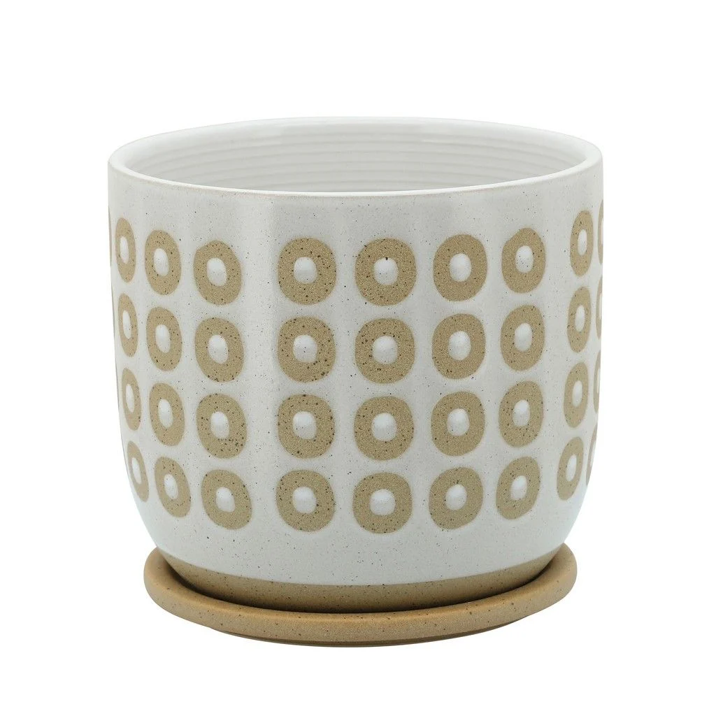 Sagebrook Home 16110-03 8" Circles Planter with Saucer, White