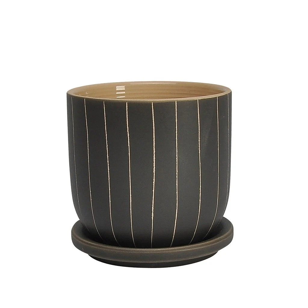 Sagebrook Home 16114-01 5" Stripes Planter with Saucer, Gray