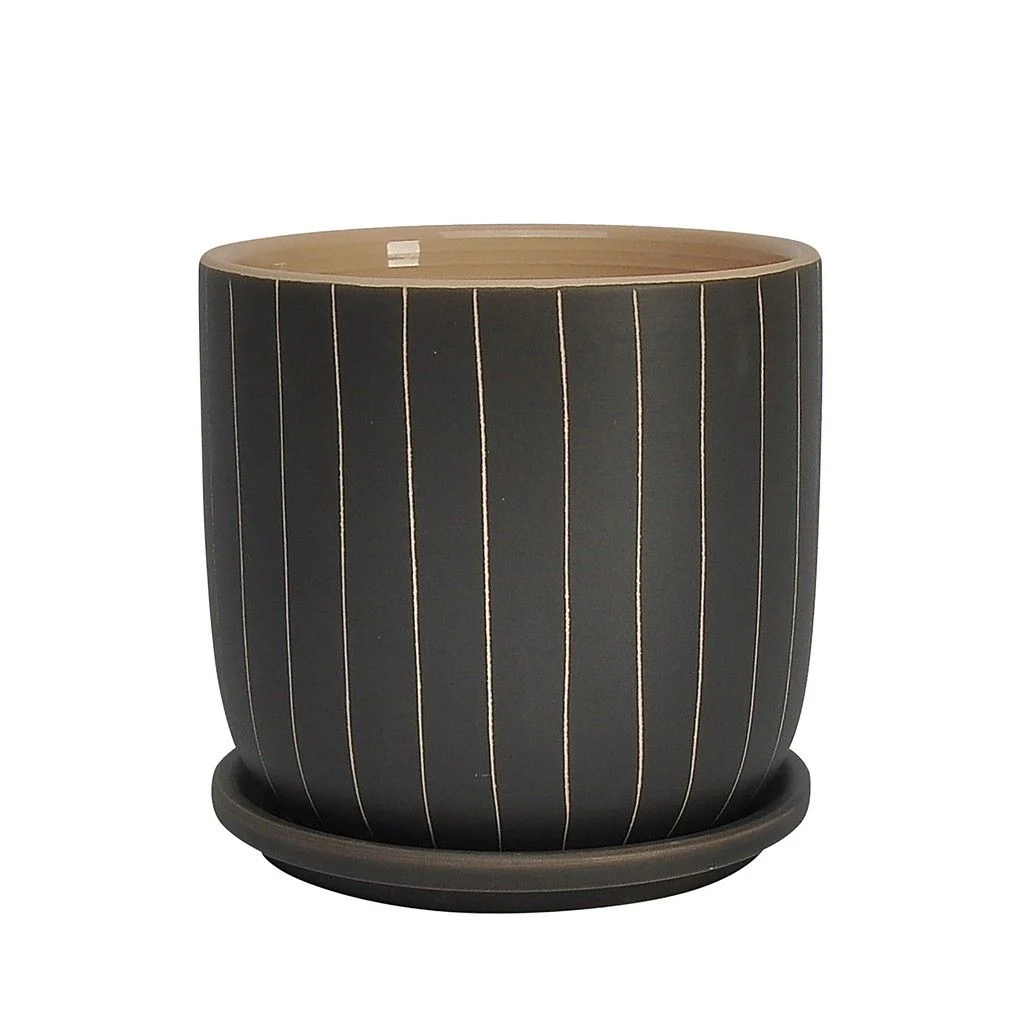 Sagebrook Home 16114-02 6" Stripes Planter with Saucer, Gray