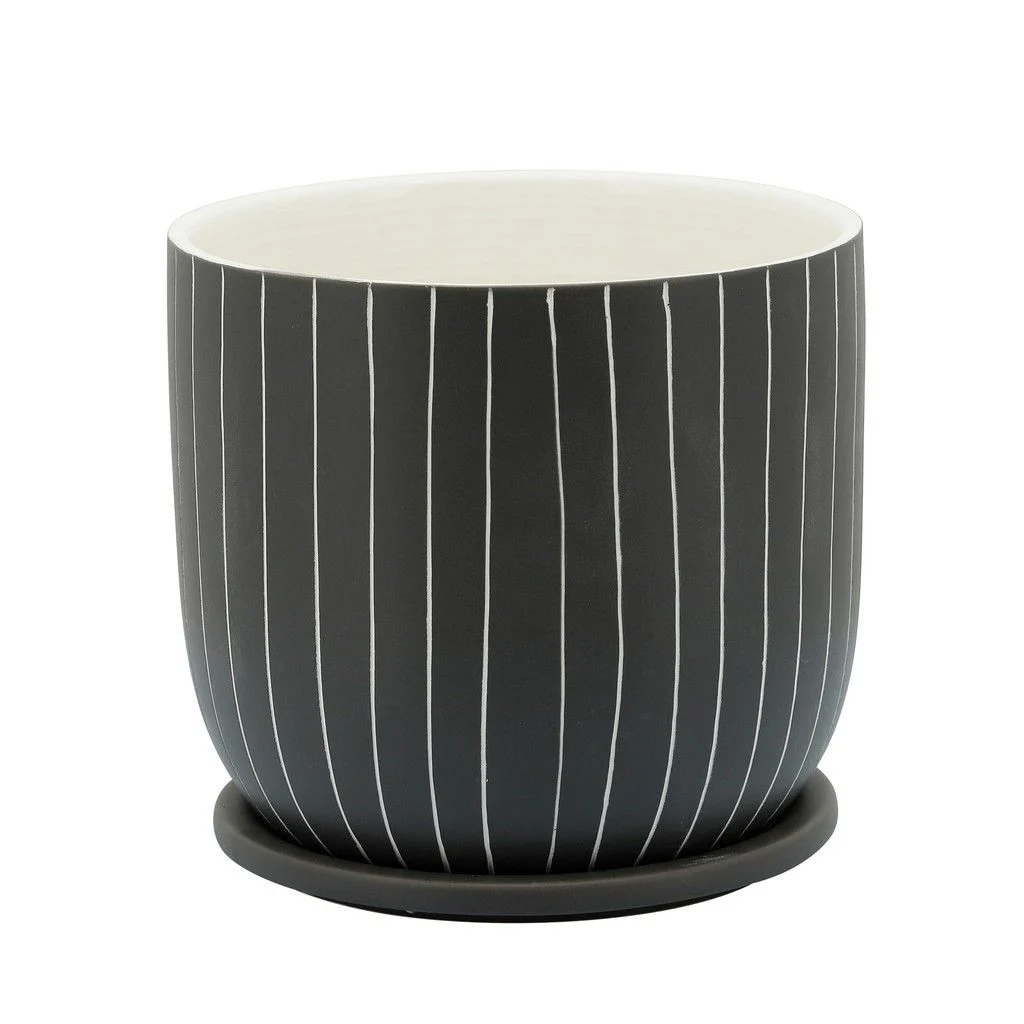 Sagebrook Home 8" Stripes Planter W/ Saucer, Gray