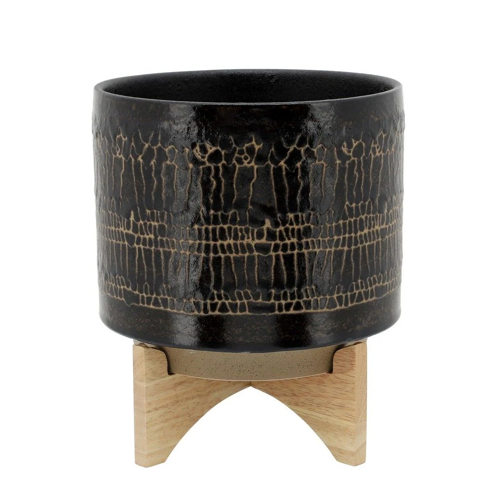 Sagebrook Home 16119-03 10" Glazed Planter with Stand, Black