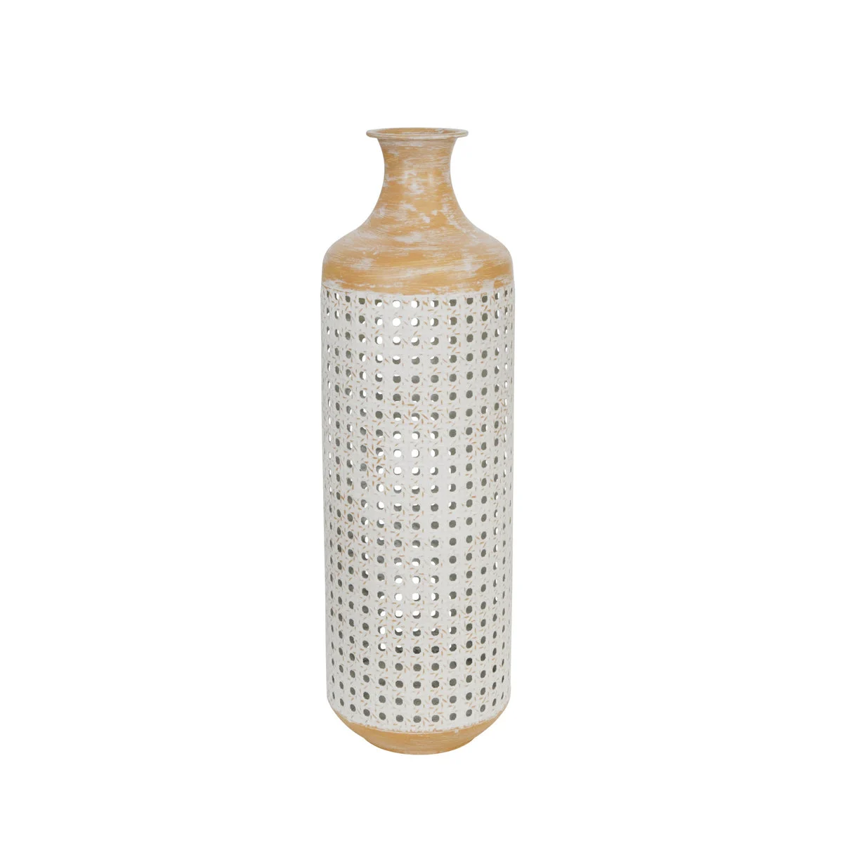 Benzara 22 Inches Metal Vase with Pierced Details, White and Brown