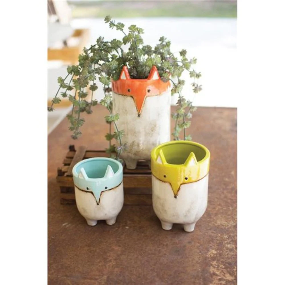 Colorful Ceramic Fox Planters 10.5"H – Whimsical Glazed Animal Pots, Set of Three by Kalalou