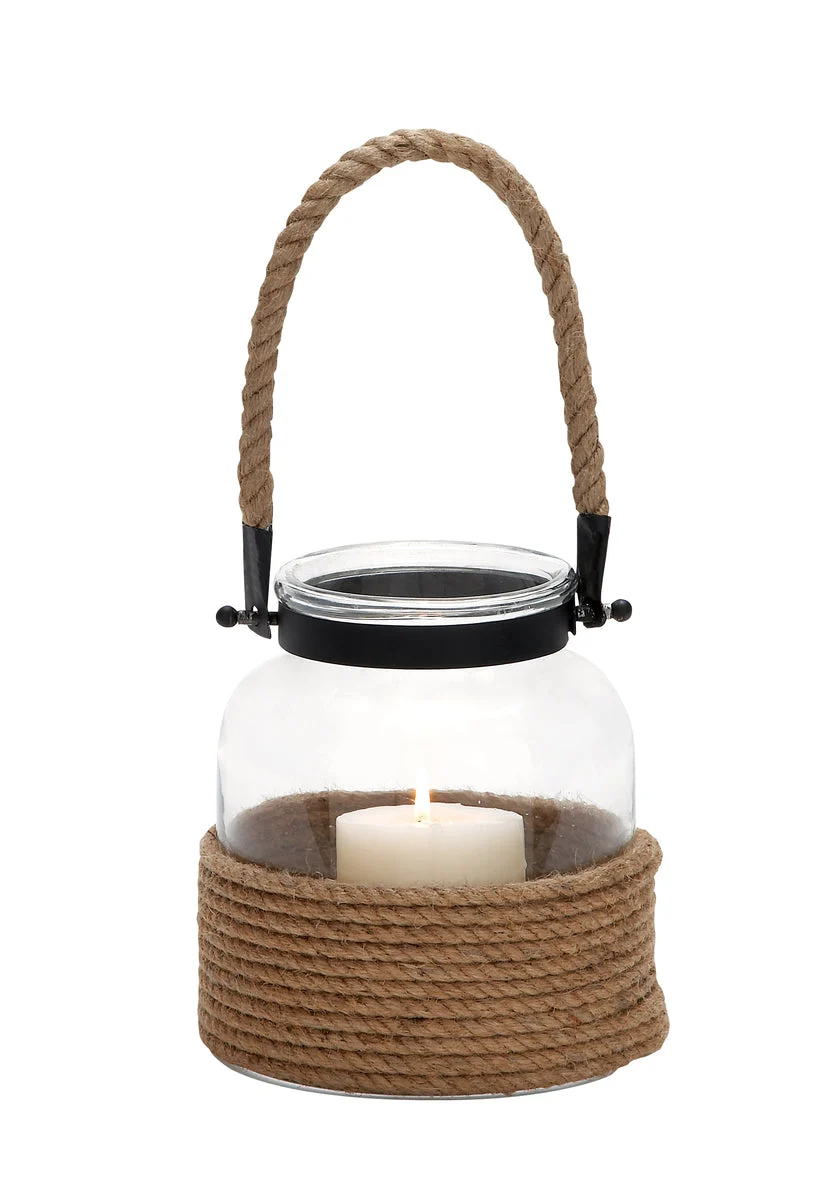 Benzara Metal Lantern With Rope Handle