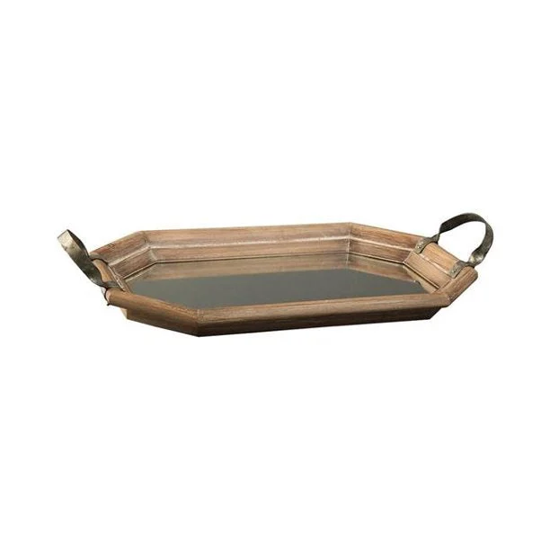 Benzara Geometric Tray with Mirror Inlay and Metal Handles, Brown and Silver