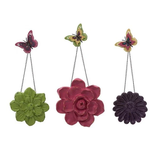 Benzara Polyresin Wall Flower with Metal Chain, Set of 3, Multicolor