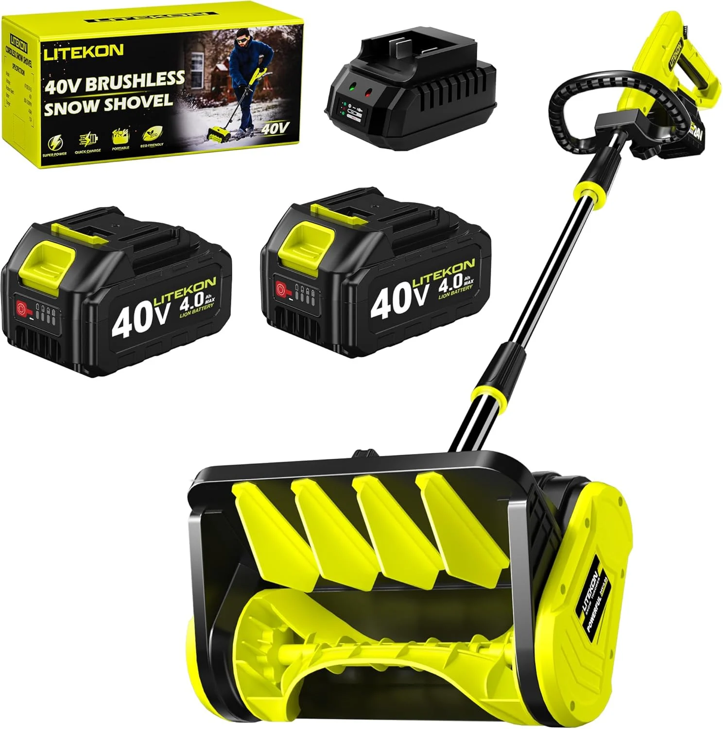 40V Brushless Cordless Snow Shovel, 13-Inch Electric Snow Blower with 2X 4.0Ah Batteries & Charger, Battery-Powered Snow Removal with 16.5FT Throw Distance for Patio, Deck, Driveway,Green