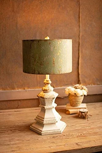 Kalalou CCG1634 Antique White Wood Table Lamp w Antique Green Metal Shade