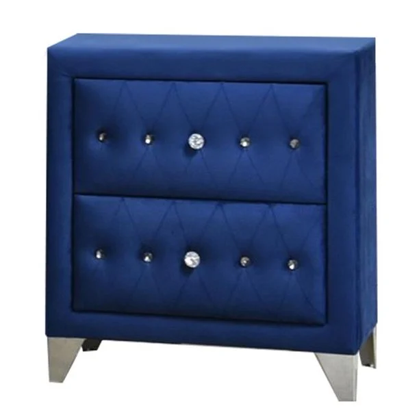 Benzara Velvet Upholstered 2 Drawer Wooden Nightstand with Faux Crustal Knobs, Blue