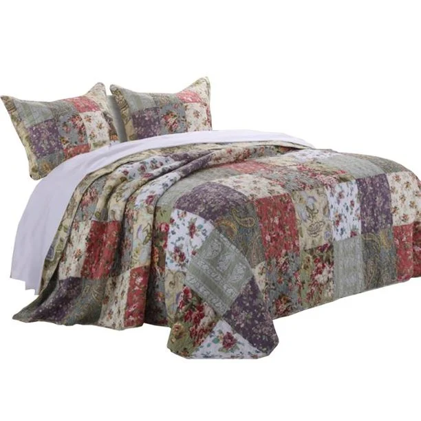 Benzara Chicago 3 Piece Fabric King Bedspread Set with Jacobean Prints, Multicolor