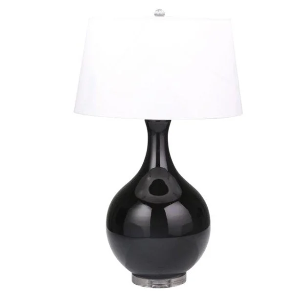 Benzara Glass Table Lamp with Pot Bellied Support and Round Base, Black