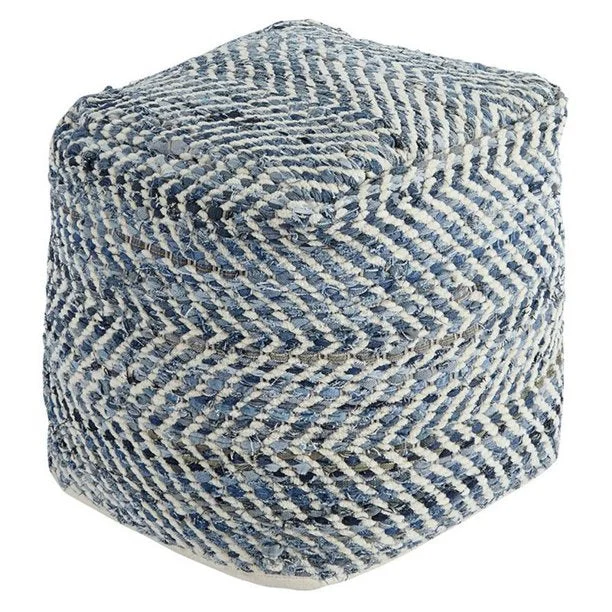 Benzara Fabric Round Shaped Pouf with Chevron Pattern, Blue