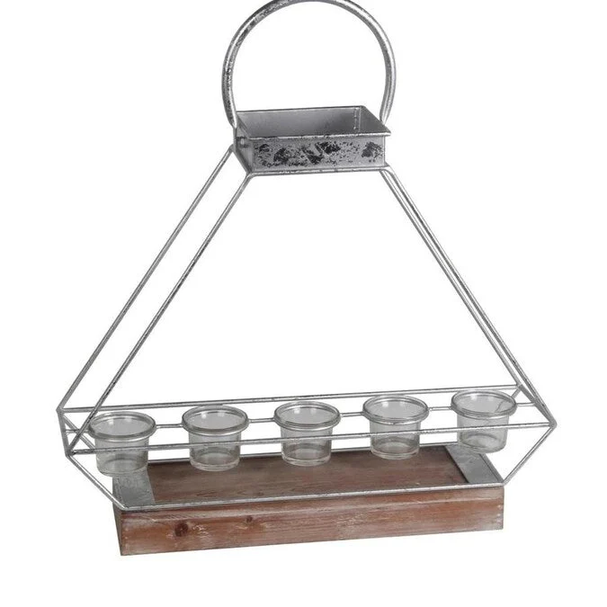 Benzara Geometric Metal Candle Lantern with 5 Glass Votive, Large, Silver