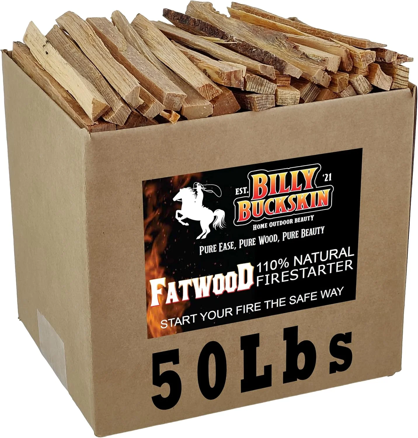 50lb Fatwood Fire Starter Sticks | 100% Natural Fire Starters for Fire Pit, Wood Stoves, Fireplaces & Bonfire | Easy Start w/Just 2 Sticks Burns in All Weather Conditions by Billy Buckskin (50lb Box)