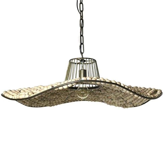 Benzara Metal Frame Pendant Lamp with Wooden Beads and Chain, Bronze and Cream