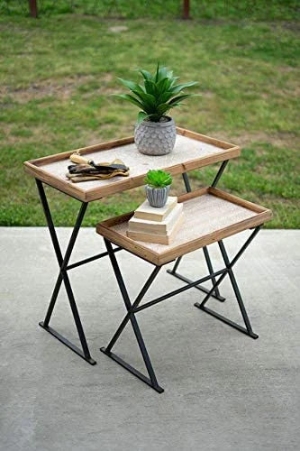Kalalou CHW1195 Set of Two Wood and Metal Rectangle Tables