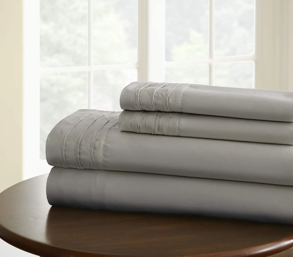 Benzara BM202518 Asti 1000 Thread Count Pintuck Hem Queen Size Sheet Gray - 4 Piece