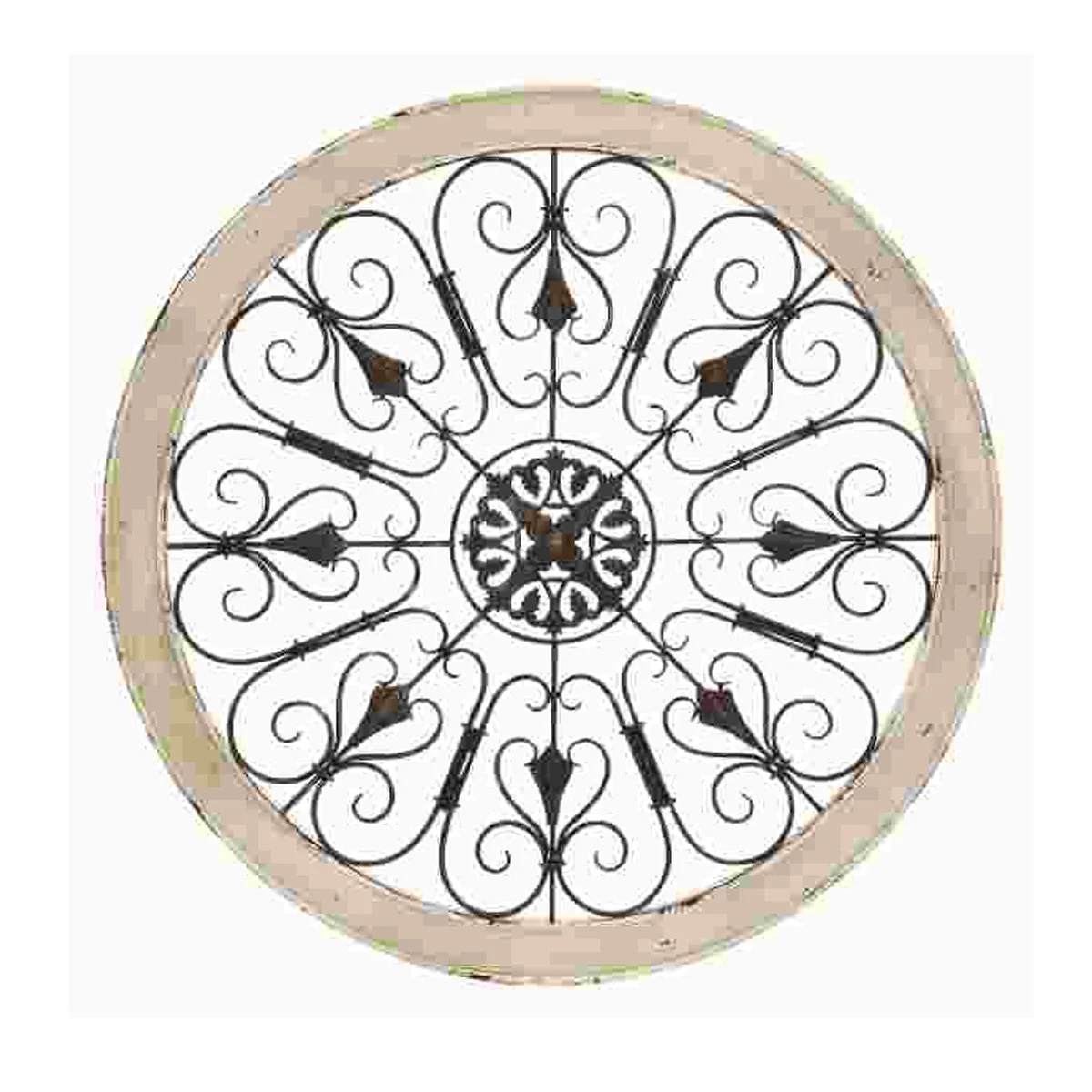 Benzara Round Intricate Metal Scrollwork Wall Decor with Wooden Frame, Cream and Brown
