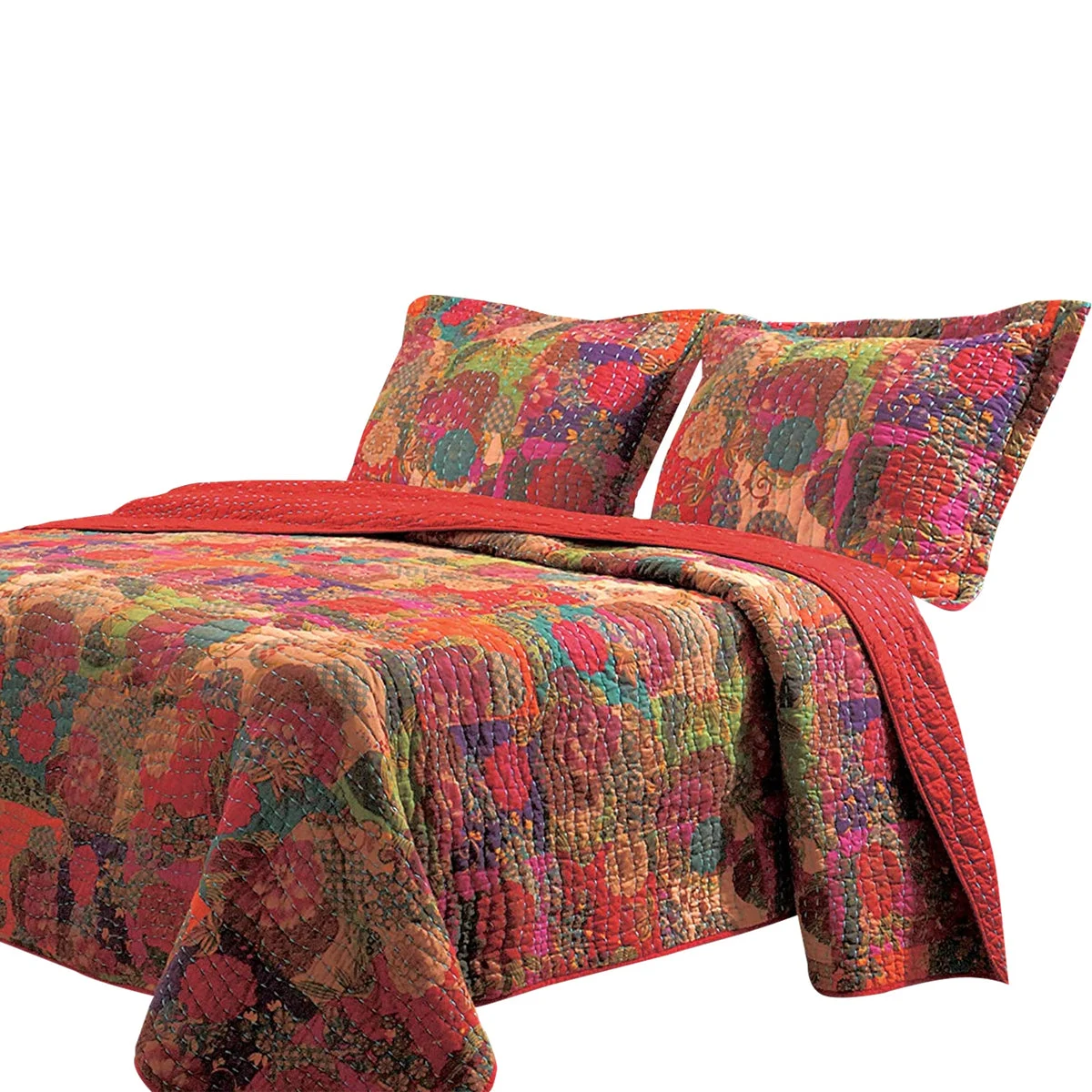 Benzara Tisa 3 Piece Reversible Queen Quilt Set with Floral and Fruit Pattern,Multicolor