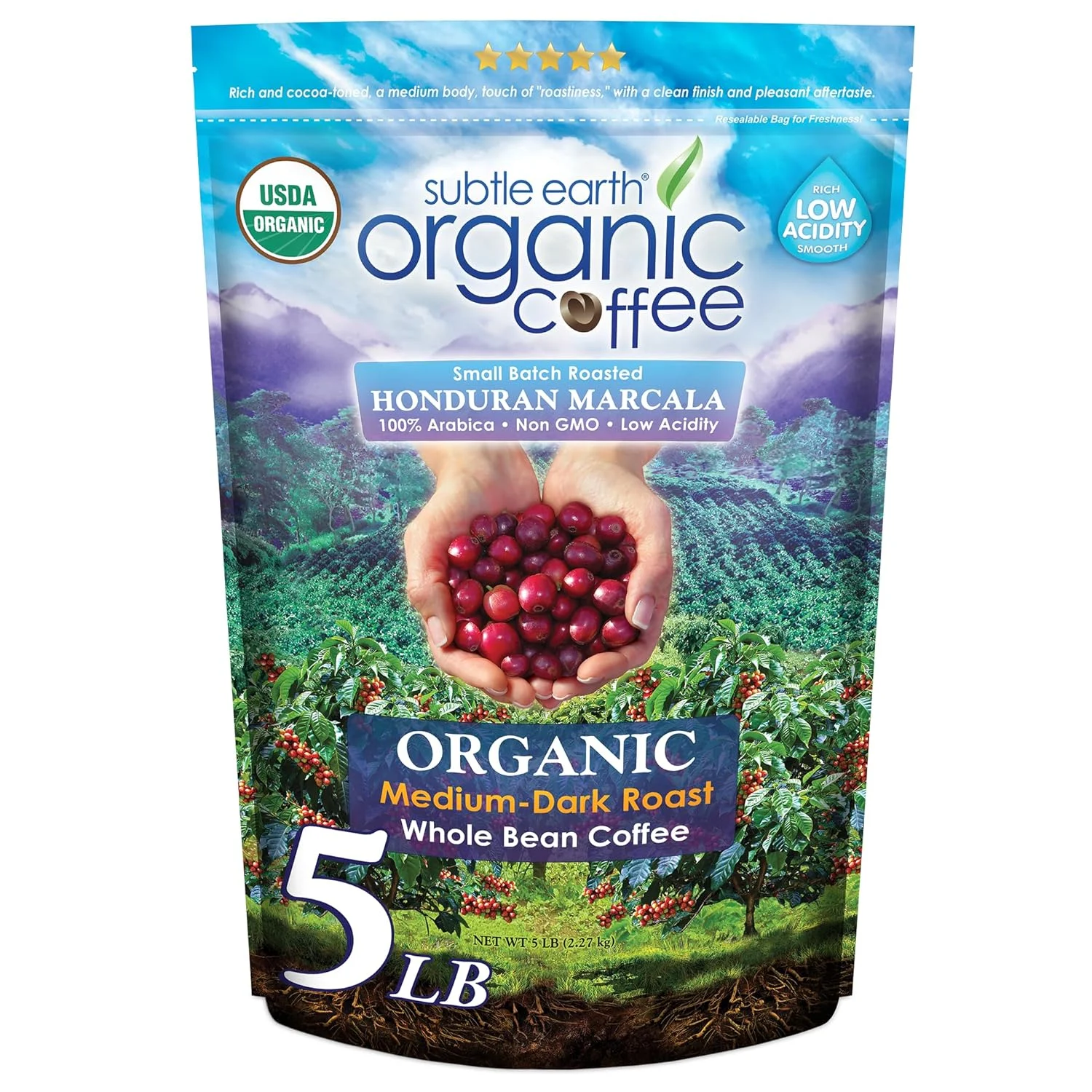 5LB Subtle Earth Organic Coffee – Medium Dark Roast – Whole Bean Coffee – 100% Arabica Beans – Low Acidity and Non-GMO – 5lb bag